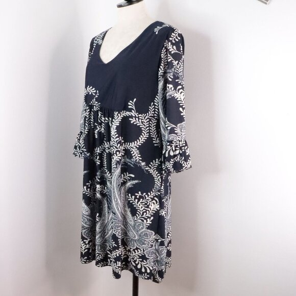 Ice Silk Women's 1X Navy Blue Paisley Polyester V-Neck Knee-Length Stretch Dress - Picture 3 of 10